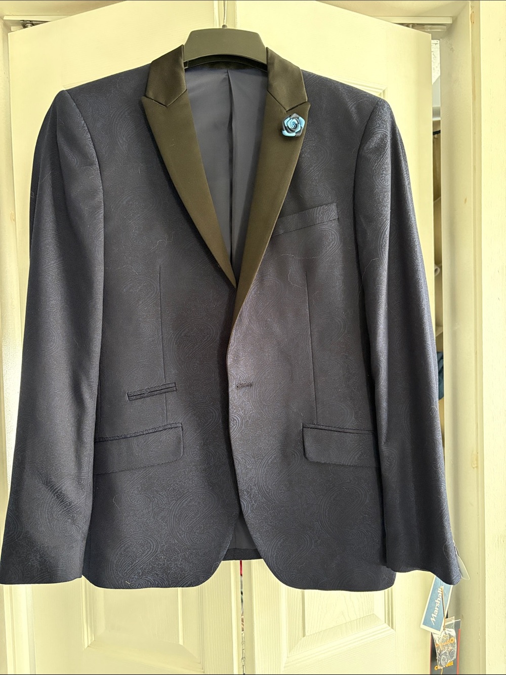 Suslo Couture 38R Navy Paisley Dress Coat with Black Satin Lapel